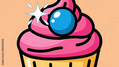 Cartoon Cupcake with Pink Frosting and Blue Candy.