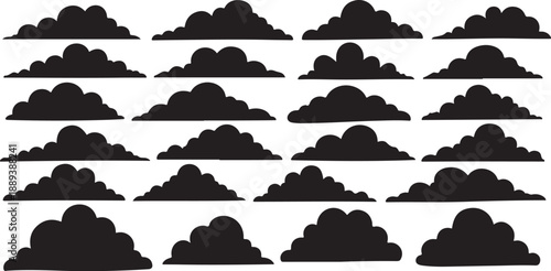Collection of various black cloud silhouettes on white background
