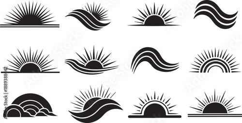 Collection of black sun and wave icons on white