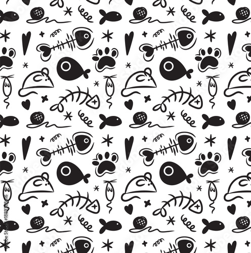 Fun vector pattern design of cat doodle illustrations including fish bones, mice and kitten toys