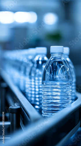 Automated factory line transporting rows of bottled water on a high-speed conveyor belt in a modern production facility.
