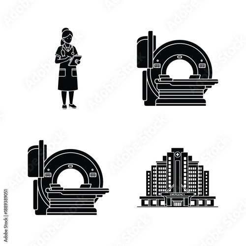 Medical diagnostic imaging and hospital icon set with MRI scanner doctor and emergency building