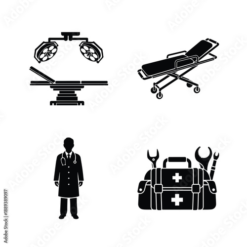 Surgical room and emergency medical equipment icon set with operating table and toolkit symbols