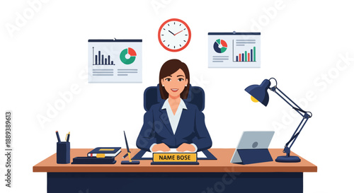 Illustration of a professional businesswoman sitting at a desk with office supplies and a laptop in a modern workspace with a neutral color palette.