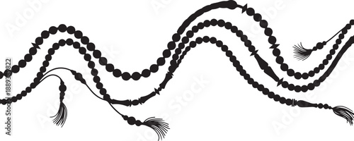 Black Buddhist prayer beads with tassels on white background