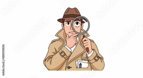A cartoon detective in a brown trench coat and hat examines something with a magnifying glass, looking thoughtful on a white background.