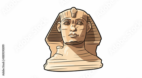 Illustration of a stone sphinx head with a neutral expression against a white background, featuring detailed facial features and a traditional Egyptian headdress.