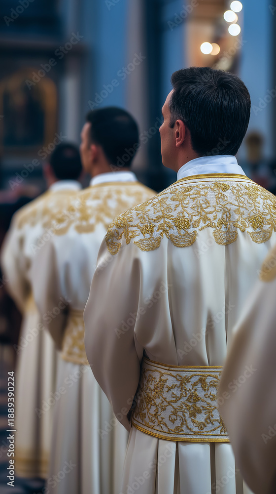Obraz premium Group of clergy wearing ornate ceremonial robes standing in a church during a religious service. 