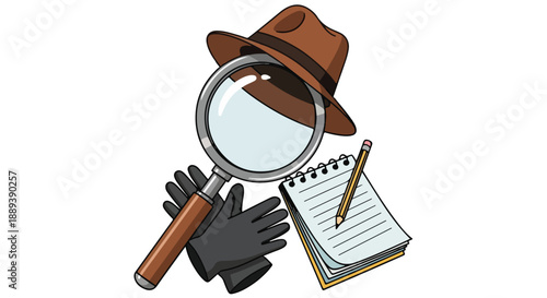 Cartoon detective character with magnifying glass and notebook on a plain white background.
