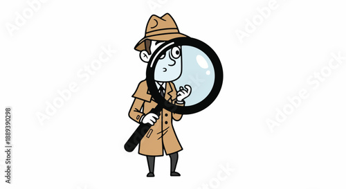 Cartoon detective in a trench coat and hat holding a magnifying glass on a white background with a curious expression.
