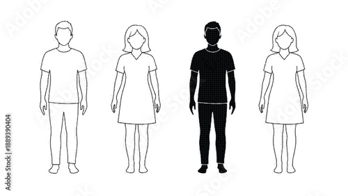 Black and white line art of people standing in a row
