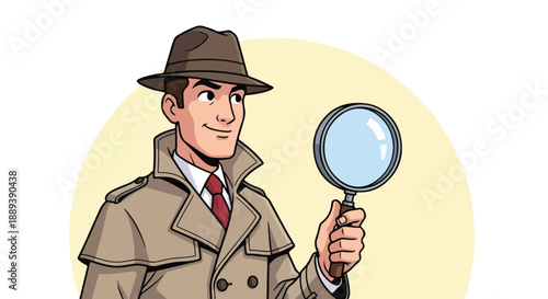 Cartoon illustration of a detective in a trench coat and fedora holding a magnifying glass against a pale yellow background with a thoughtful expression.