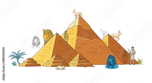 Illustration of pyramids with various animals and a person standing in the desert with a blue Sphinx and palm tree.
