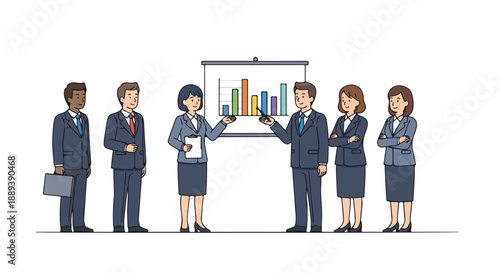 Illustration of a diverse group of business professionals standing in front of a colorful bar chart on a projector screen in a presentation setting with a clean white background.