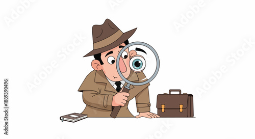 Cartoon detective in a brown suit and hat examining with a magnifying glass beside a briefcase on a white background.