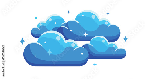 Graphic illustration of blue cartoon clouds with sparkles on a white background in a whimsical style.