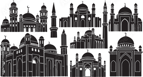 Collection of mosque architecture with domes and minarets silhouette
