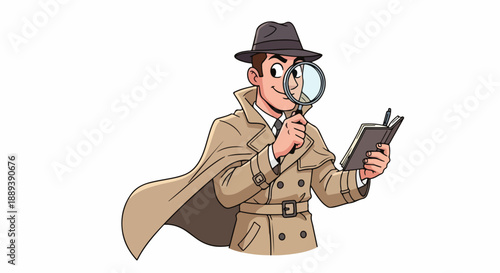 Cartoon illustration of a detective in a trench coat and hat examining a notebook with a magnifying glass on a plain white background.