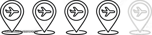 Airplane location pin icons set showing airport travel destination markers for navigation map design