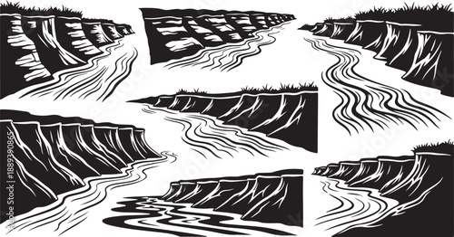 Black and white illustration of winding river landscape scenes