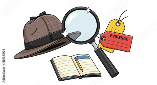 Cartoon illustration of a detective's hat, magnifying glass, notebook, pencil, and evidence tag on a white background with a flat lay composition.