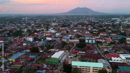 Aerial panoramic view of Angeles City with Mount Arayat at sunset 