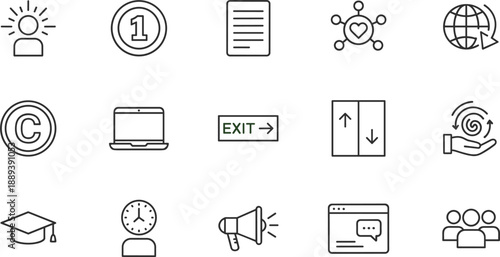 Business And General Interface Line Icon Set With Marketing Graduation Global Network Copyright Exit Sign Laptop And Communication