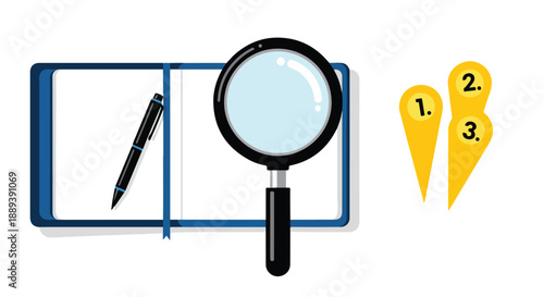 Cartoon detective in a brown coat and hat examines a fingerprint with a magnifying glass at a desk.