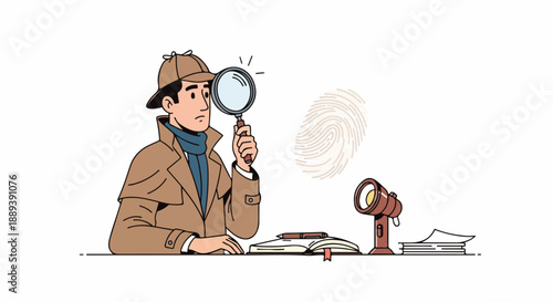 Illustration of a detective in a brown coat and hat examining a fingerprint with a magnifying glass on a desk with a lamp and papers in a simple white room.