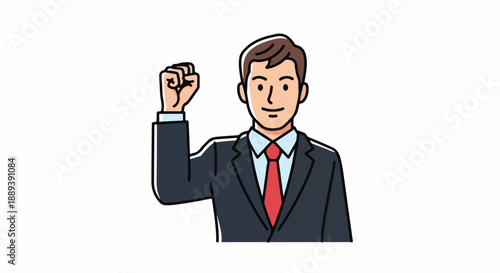 Illustration of a smiling businessman in a suit and red tie with his fist raised in a gesture of success or celebration against a clean white background.