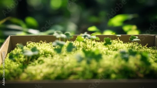 Wallpaper Mural Lush green clover-like plants and moss grow in a cardboard box, bathed in natural light Torontodigital.ca