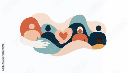 Abstract illustration of people and heart symbolizing love and togetherness.