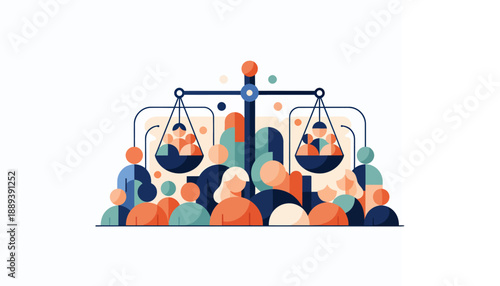 Illustration of justice scales balancing people, symbolizing fairness and equality in law.
