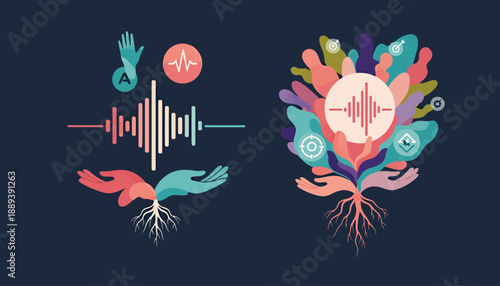 Abstract sound wave logos with hands and roots symbolizing harmony.