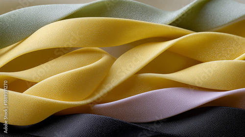 Close-up of uncooked colorful pasta ribbons arranged in flowing layered waves highlighting texture and Italian cuisine.
