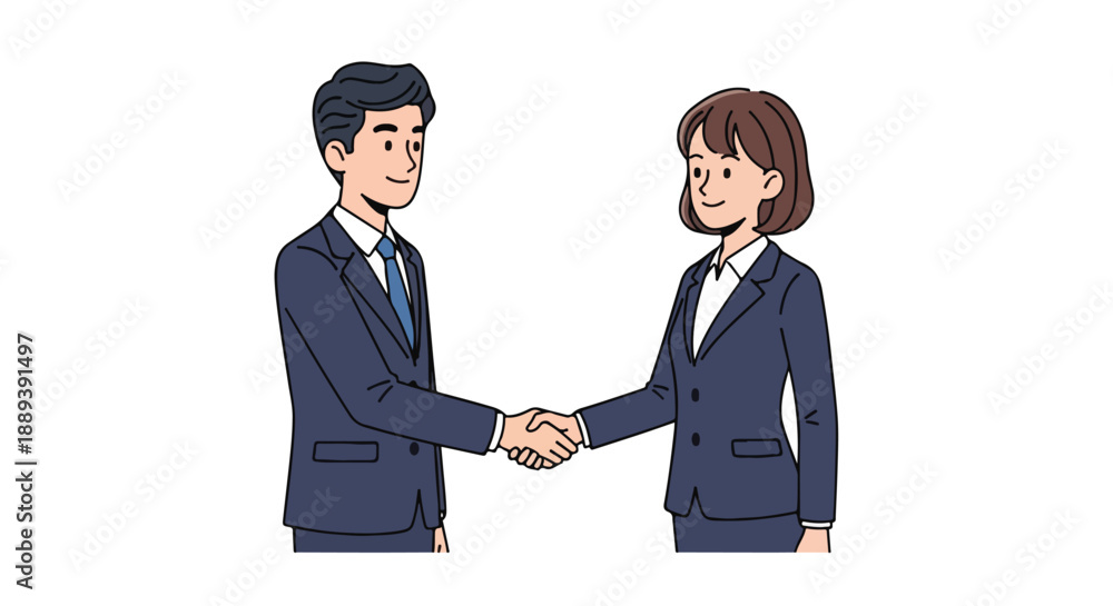 Fototapeta premium Illustration of a smiling Asian businessman and businesswoman in formal attire shaking hands against a clean white background with a professional mood.