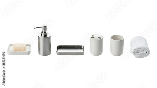 Bild auf Leinwand Set of modern white and silver bathroom accessories including soap dispenser, soap dish, toothbrush holder, cup, and rolled towel, isolated on black