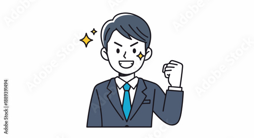 A cartoon businessman in a suit and tie with a cheerful expression and a raised fist, conveying a sense of success or excitement, against a plain white background with sparkles.