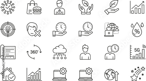 Business And Technology Line Icon Set With 5G Network Cloud Computing Data Growth Sustainability Time Management And Interface Symbols