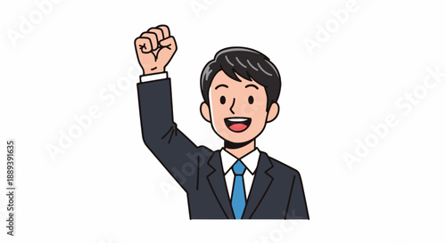 Cartoon illustration of a cheerful Asian businessman in a suit and tie raising his fist in celebration against a plain white background.