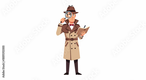 Cartoon illustration of a detective in a brown trench coat examining a magnifying glass with a map in hand on a white background with a playful and investigative mood.