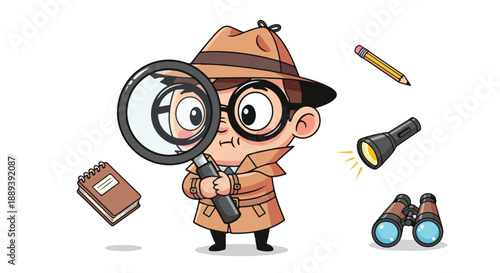 Cartoon detective character holding magnifying glass with binoculars flashlight pencil and book on white background.