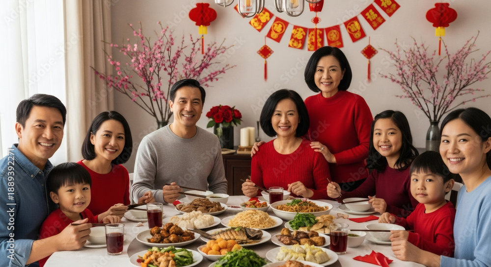 Fototapeta premium Asian family reunion during Lunar New Year, parents and children smiling around dining table, festive red and gold decor, documentary style.