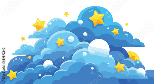 Digital illustration of a cluster of blue cartoon clouds with yellow stars and white dots against a white background.
