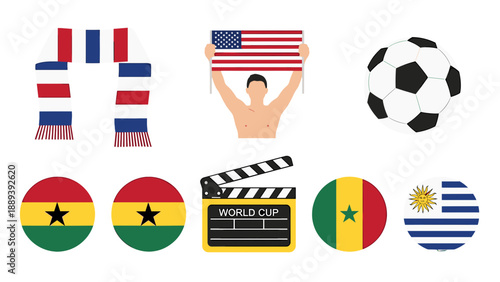 A vibrant vector graphic illustration of World Cup symbols and flags on a