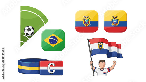 A colorful vector graphic illustration of soccer flags and symbols for Brazil, Ecuador, and France