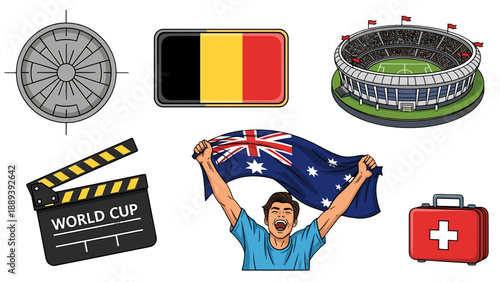 A colorful vector graphic illustration of World Cup symbols and icons on a