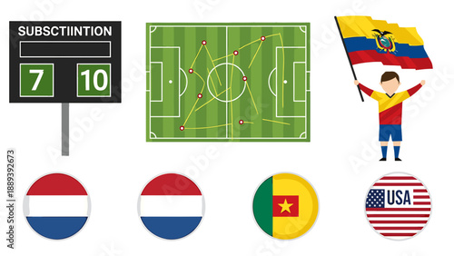 A vibrant vector graphic illustration of a soccer scoreboard, field, and flags for Netherlands, Senegal, Colombia, and USA