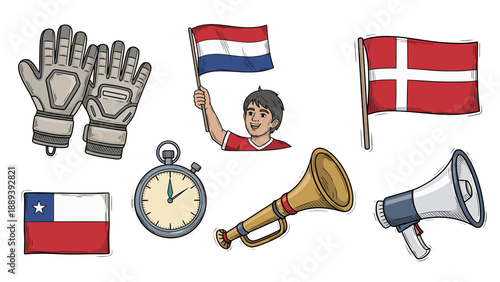 A colorful vector graphic illustration of various sports and national symbols, including flags and icons.