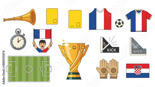A colorful vector graphic illustration of various soccer symbols and icons on a